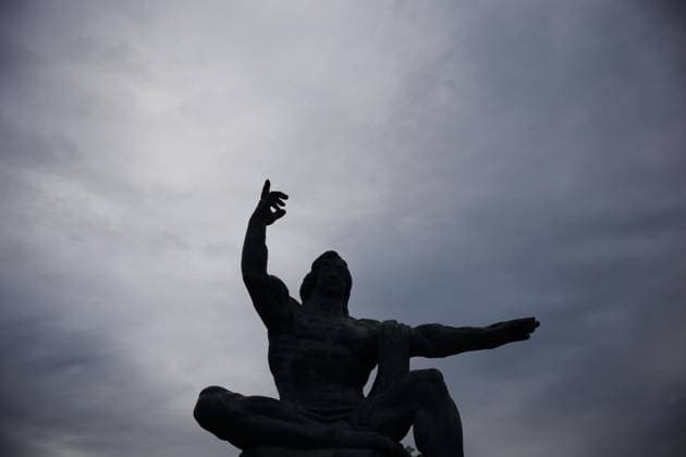 81st A-bomb anniversary in Nagasaki Photo shows the Peace Statue at Peace Park in Nagasaki on the early morning of Aug. 9, 2026, the 81st anniversary of the U.S. atomic bombing of the southwestern Japan city.  A14AA0005625366P