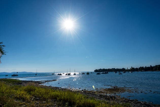 Summer, sun, Lake Constance, view across the lake, boats anchored far out, Wasserburg, August 2026, Germany, Wasserburg, August 2026, summer, sun, Lake Constance, view across the lake, boats anchored far out, shoreline exposed by drought on Lake Constance, the current drought has caused t