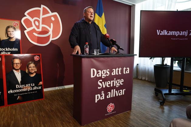 STOCKHOLM, SWEDEN 20260809 Social Democratic Party Secretary Tobias Baudin (S) presents the party’s election posters and upcoming campaigns at a press conference at the party headquarters on Sveavägen, STOCKHOLM, SWEDEN x60160x  Copyright: xStefanxJerrevang TTx MAGDALENA ANDERSSON TALAR I STOCKHOLM 0pe4WF808xY