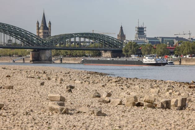 Summer in the Rhineland: View of the Rhine near Cologne, Deutz. The Rhine in Cologne is at low water levels due to persistent drought. In the background is the Hohenzollern Bridge. A ship is passing by. Summer in the Rhineland on August 9, 2026, in Cologne, Germany