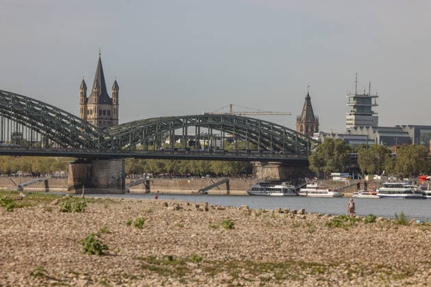 Summer in the Rhineland: View of the Rhine near Cologne, Deutz. The Rhine in Cologne is at low water levels due to persistent drought. In the background is the Hohenzollern Bridge. Summer in the Rhineland on August 9, 2026, in Cologne, Germany