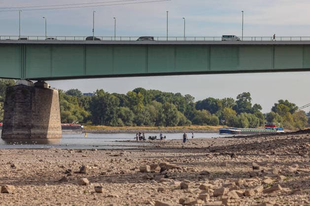 Summer in the Rhineland: View of the Rhine near Cologne (Deutz). The Rhine in Cologne is at low water levels due to persistent drought. A ship is passing by. In the center of the picture is the Zoobrücke bridge. Summer in the Rhineland on August 9, 2026, in Cologne, Germany