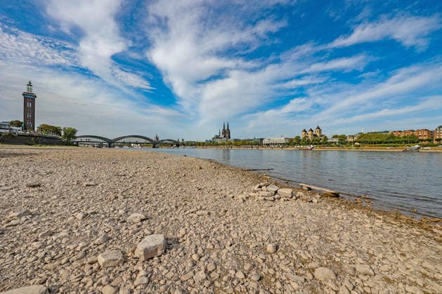 Summer in the Rhineland: View of the Rhine near Cologne (Deutz). The Rhine in Cologne is at low water levels due to persistent drought. In the background, the Hohenzollern Bridge is on the left and Cologne Cathedral is on the right. Summer in the Rhineland on August 9, 2026 in Cologne, Germany