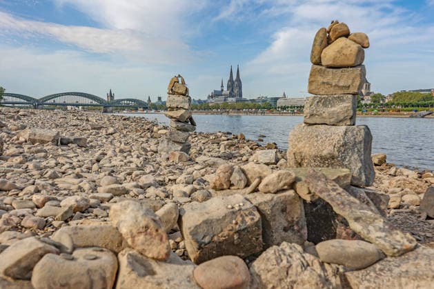 Summer in the Rhineland: View of the Rhine near Cologne (Deutz). The Rhine in Cologne is at low water levels due to persistent drought. In the background, the Hohenzollern Bridge is on the left and Cologne Cathedral is on the right. Summer in the Rhineland on August 9, 2026 in Cologne, Germany