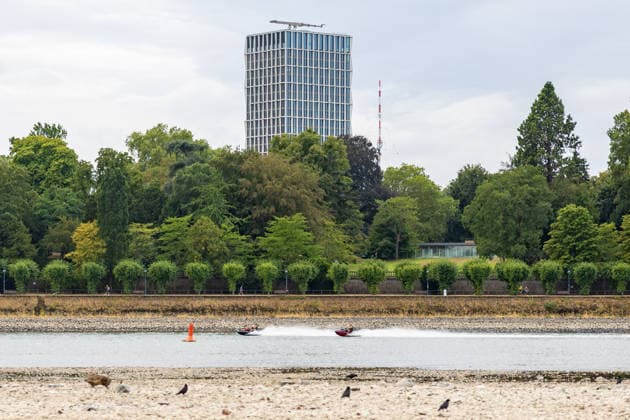 Low Water on the Rhine: Dry riverbed on the Beuel side of the Rhine in Bonn Low Water on the Rhine: View of the largely dry riverbed on the Beuel side of the Rhine in Bonn at a water level of 78 cm at the Bonn gauge; bays and Copyright: xMarcxJohnx
