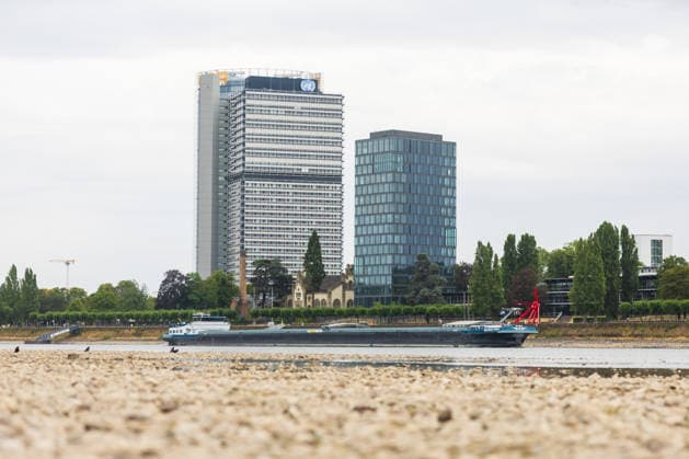Low Water on the Rhine: Dry riverbed on the Beuel bank of the Rhine in Bonn; Low Water on the Rhine: View of the largely dry riverbed on the Beuel bank of the Rhine in Bonn at a water level of 78 cm at the Bonn gauge; Inlets and islands h Copyright: xMarcxJohnx