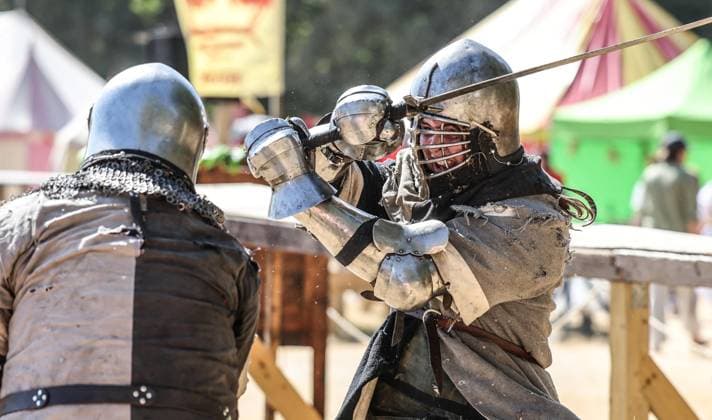 Kingdom of Loxwood medieval festival 09.08.2026. Members of the Full contact medieval armoured combat group Invicta take part in mass combat at the Kingdom of Loxwood medieval festival in west Sussex  Copyright: xRichardxPohlex NINTCHDBPICT001100253706