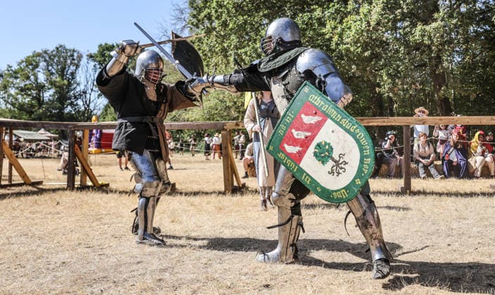 Kingdom of Loxwood medieval festival 09.08.2026. Members of the Full contact medieval armoured combat group Invicta take part in mass combat at the Kingdom of Loxwood medieval festival in west Sussex  Copyright: xRichardxPohlex NINTCHDBPICT001100254493