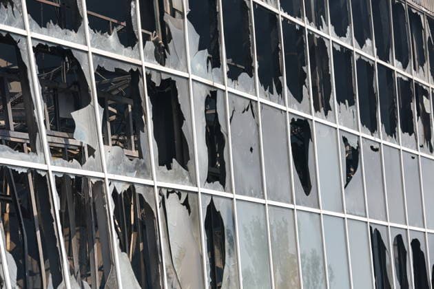 RUSSIA, DONETSK PEOPLE S REPUBLIC - AUGUST 10, 2026: A fire breaks out after a Ukrainian drone strike on the Galaktika Galaxy shopping centre in Makeyevka, east of Donetsk. Dmitry Yagodkin TASS  95999093