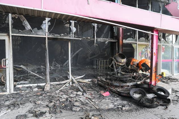 RUSSIA, DONETSK PEOPLE S REPUBLIC - AUGUST 10, 2026: A fire breaks out after a Ukrainian drone strike on the Galaktika Galaxy shopping centre in Makeyevka, east of Donetsk. Dmitry Yagodkin TASS  95999101