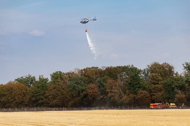 Firefighters Battle Wildfire at the Edge of the Forest Near Buschhoven A wildfire is spreading near Buschhoven in the municipality of Swisttal. A fire that initially started in a field has spread to the adjacent forest due to strong win Copyright: xMarcxJohnx