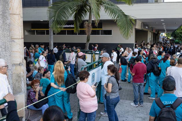 August 10, 2026, Medellin, Antioquia, Colombia: People gather outside buildings and streets in medellin after a 7,4 Earthquake that struck Colombia on August 10, 2026. Medellin Colombia  - ZUMAvp1_ 20260810_zia_vp1_020 Copyright: xJuanxJosexPatinox