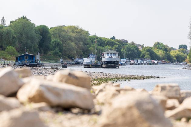 Low Water on the Rhine: Boats and Docks Stranded Near Bornheim Hersel Low Water on the Rhine With the water level at the Bonn gauge standing at 74 cm, the branch of the Rhine between Bornheim Hersel and the Herseler Werth Nature Reserve is largely dry; boats and docks are stranded on the dried-up riverbed. Historic low wat Copyright: xMarcxJohnx
