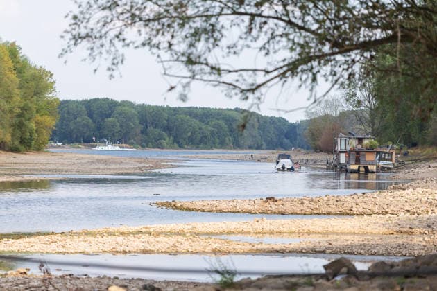 Low Water on the Rhine: Boats and Docks Stranded Near Bornheim Hersel Low Water on the Rhine With the water level at the Bonn gauge standing at 74 cm, the branch of the Rhine between Bornheim Hersel and the Herseler Werth Nature Reserve is largely dry; boats and docks are stranded on the dried-up riverbed. Historic low wat Copyright: xMarcxJohnx