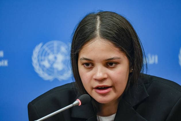 August 10, 2026, New York, New York, United States: LENIIE UMEROVA, a Ukrainian Crimean Tatar and former civilian detainee, addresses a press briefing following her testimony at a UN Security Council Arria-formula meeting at UNHQ. UMEROVA was detained by Russian authorities in December 2022 while travelling to occupied Crimea to visit her seriously ill father and was later transferred to Moscowâ€⠢s Lefortovo prison, where she was accused of espionage. Held until September 2024, she described interrogation, prolonged isolation, and physical and psychological abuse, as well as the broader treatment of Ukrainian civilian detainees. New York United States - ZUMAo116 20260810_znp_o116_015 Copyright: xBiancaxOterox