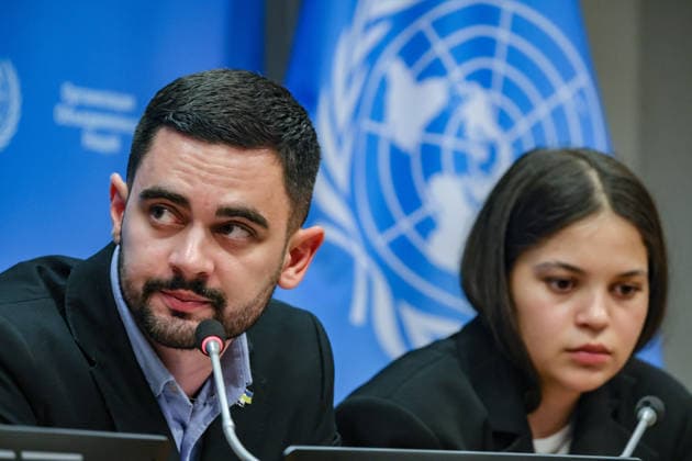 August 10, 2026, New York, New York, United States: L-R: KHUAN LEYVA GARSIYA, former Ukrainian prisoner of war and defender of Mariupolâ€⠢s Azovstal steelworks, looks off camera after speaking as LENIIE UMEROVA, a Ukrainian Crimean Tatar and former civilian detainee, reflects during a press briefing following a closed UN Security Council Arria-formula meeting at UNHQ. Both shared their experiences of detention by Russian authorities, highlighting the treatment of Ukrainian prisoners of war and civilian detainees, alleged violations of international humanitarian law, and the need for accountability. New York United States - ZUMAo116 20260810_znp_o116_061 Copyright: xBiancaxOterox