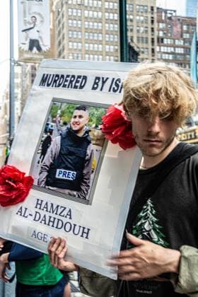 August 10, 2026, New York, New York, USA: The Palestinian Youth Movemement brought their protest to the doorstep of the New York Times, accusing the newspaper of being complicit in the killings of Gazan journalists on the anniversary of the death of Anas al-Sharif, a journalist killed in Gaza. New York USA  - ZUMAa251 20260810_znp_a251_006 Copyright: xDianaxApfelbacherx