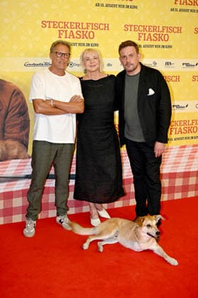 Christian Tramitz, Rita Falk, Noah the Dog, Sebastian Bezzel; World Premiere of *Steckerlfischfiasko* at the Mathaeser Filmpalast in Munich, August 10, 2026