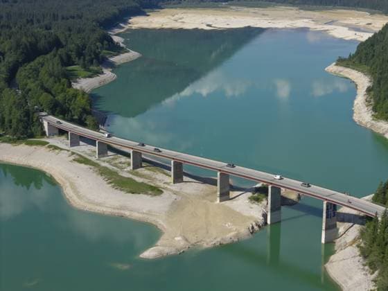 Bergsee, Berge, Spiegelung, sonnig, Sommer, Trockenheit, Niedrigwasser, Dürre, Brücke, Straße, Autos, Luftbild, August 2026, Sylvensteinspeicher, Sylvensteinsee, Isar, Lenggries, Bayerische Alpen, Bayern, Deutschland Mountain lake, mountains, reflection, sunny, summer, drought, low water, drought, bridge, road, cars, aerial view, August 2026, Sylvenstein Dam, Sylvensteinsee, Isar, Lenggries, Bavarian Alps, Bavaria, Germany Copyright: imageBROKER MartinaxMelzer ibxmmm18731910