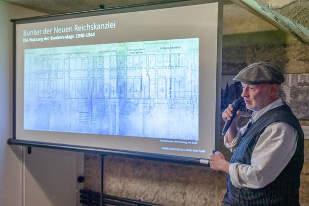 Preservation of the Great Bunker of the New Reich Chancellery, Presentation in Berlin, Berliner Unterwelten Association, the association’s underground exhibition spaces, Am Zeughaus, Dietmar Arnold, Chairman, for the Preservation of the Large Bunker of the New Reich Chancellery, Presentation, Press Conference, Berlin, Germany