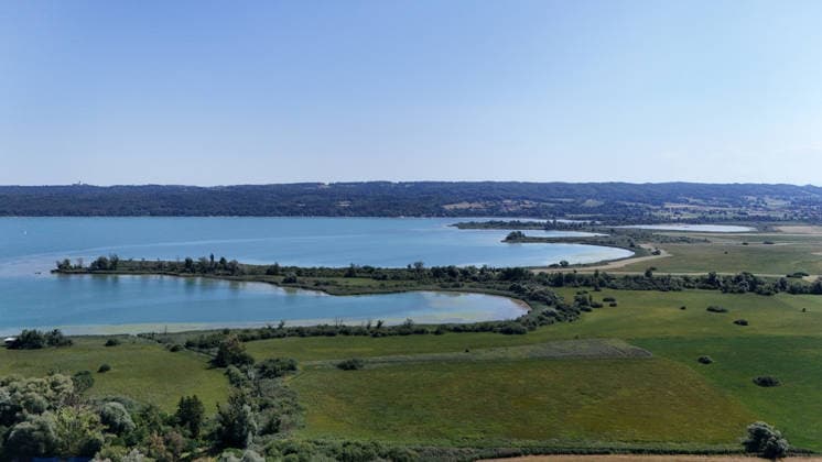 A summer day near Dießen on Lake Ammersee, Landsberg am Lech District. Here is a view of the southern end of Lake Ammersee, with the Rott River flowing into it and the Ammer River behind it; nature reserve