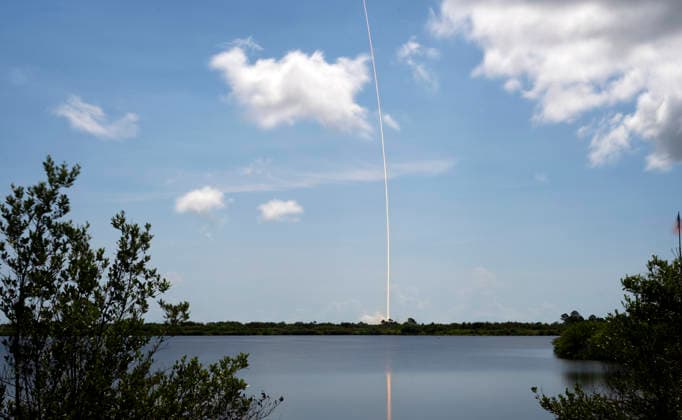 Time exposure of the SpaceX Falcon 9 rocket launching an additional 29 Starlink satellites at 11:58 AM from Launch Complex 40 at the Cape Canaveral Space Force Station, Florida on Tuesday August 11, 2026.  CCP20260811001 JOExMARINO
