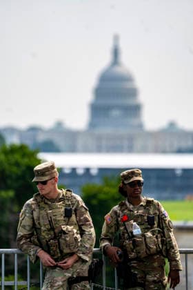 Members of the National Guard patrol near the Washington Monument in Washington, DC on Tuesday, August 11, 2026. Today marks the one year anniversary the National Guard troops, more than 4,600 at present, have patrolled the streets of Washington, DC, after President Donald Trump deployed them in August 2025.  WAP2026081126358 BONNIExCASH