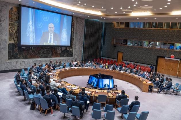 August 11, 2026, New York, New York, USA: General view of monthly Security Council Meeting on The situation in the Middle East, including the Palestinian question as Ramiz Alakbarov, Deputy Special Coordinator for the Middle East Peace Process, United Nations Resident and Humanitarian Coordinatorat joins virtually at UN Headquarters in New York, NY on August 11, 2026. New York USA  - ZUMAr339 20260811_znp_r339_054 Copyright: xLevxRadinx