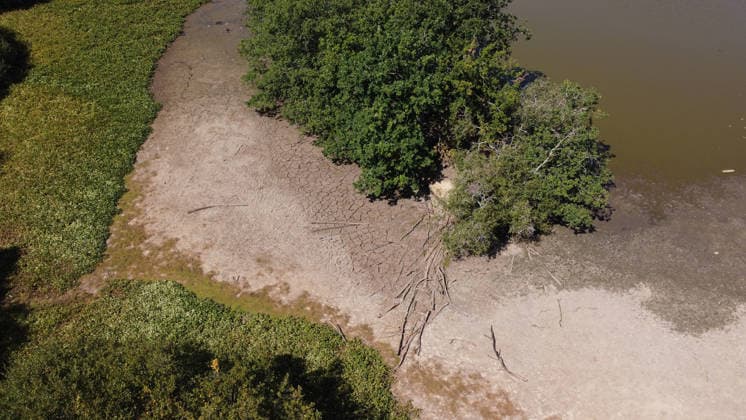 Prolonged heatwave and drought dry up historic Stew Pond at Epsom Common in Surrey EPSOM, UNITED KINGDOM - AUGUST 11: A veiw of the cracked, parched earth of Stew Pond exposed following an extended period of high temperatures and severe drought conditions at Epsom Common in Surrey, England, on August 11, 2026. The historic pond, a local nature reserve and habitat for diverse wildlife, has seen its water levels drop dramatically as persistent dry weather continues across southern Britain. Rasid Necati Aslim Anadolu Epsom United Kingdom. Editorial use only. Please get in touch for any other usage.  Copyright: x2026xAnadoluxRasidxNecatixAslimx