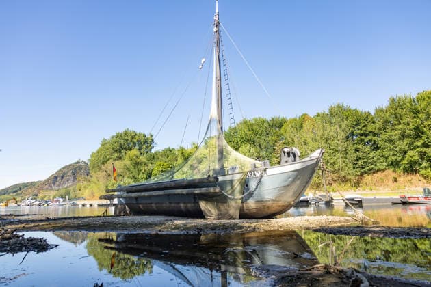 Low Water on the Rhine: The Aalschokker Aranka in the dried-up side channel near Grafenwerth Island, August 11, 2026. Low Water on the Rhine: With water levels at 3 cm at the Oberwin Copyright: xMarcxJohnx