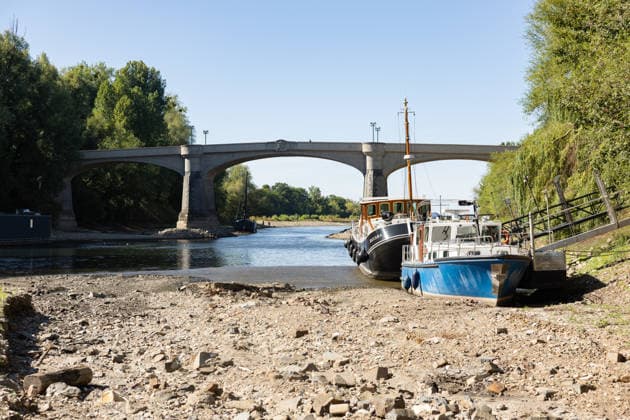 Low Water on the Rhine: The Aalschokker Aranka in the dried-up side channel near Grafenwerth Island, August 11, 2026. Low Water on the Rhine: With water levels at 3 cm at the Oberwinter gauge and 70 cm at the Bonn g Copyright: xMarcxJohnx