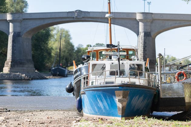Low Water on the Rhine: The Aalschokker Aranka in the dried-up side channel near Grafenwerth Island, August 11, 2026. Low Water on the Rhine: With water levels at 3 cm at the Oberwinter gauge and 70 cm at the Bonn g Copyright: xMarcxJohnx