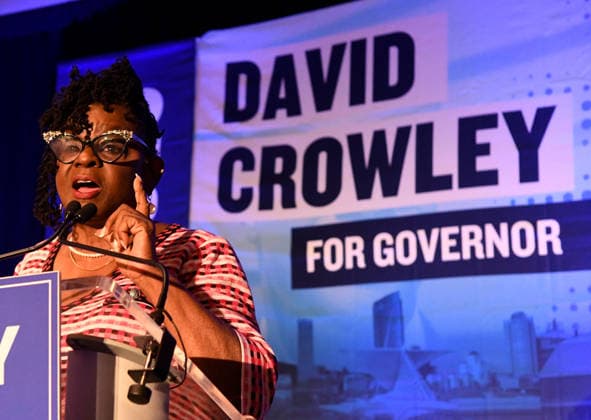 August 11, 2026, Milwaukee, Wisconsin, USA: CONG. GWEN MOORE (D-Wis) tells supporters of Democratic gubernatorial candidate David Crowley that it is time to go home because the race is too close to call and a tabulating error is delaying results, near Midnight Tuesday night August 11, 2026 at the Hyatt Regency hotel in downtown Milwaukee. Crowley did not appear to talk to his supporters. The race against Francesca Hong was still very close when it was announced that human error caused a delay in counting absentee ballots from Milwaukee. Milwaukee USA - ZUMAh154 20260811_znp_h154_045 Copyright: xMarkxHertzbergx