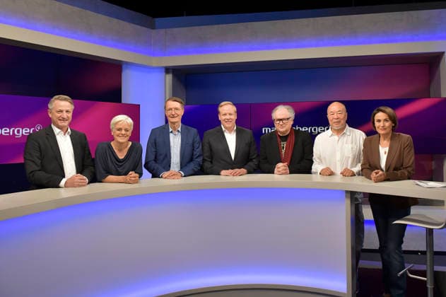 Nikolaus Blome, Ulrike Herrmann, Karl Lauterbach, Tilman Kuban, Heinz Rudolf Kunze, Ai Weiwei, and Sandra Maischberger on the ARD talk show *maischberger* at the studio in Berlin-Adlershof, Berlin, August 11, 2026 Foto:xM.xBehrensx xFuturexImagex maischberger1108_6801