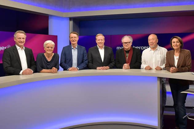 Nikolaus Blome, Ulrike Herrmann, Karl Lauterbach, Tilman Kuban, Heinz Rudolf Kunze, Ai Weiwei, and Sandra Maischberger on the ARD talk show *maischberger* at the studio in Berlin-Adlershof, Berlin, August 11, 2026 Foto:xM.xBehrensx xFuturexImagex maischberger1108_6802