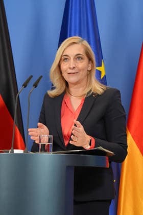 Press conference with Federal Minister Warken and Interior Minister Dobrindt on the reform of intelligence service legislation. A portrait of Federal Minister Nina Warken at the press conference following the Federal Cabinet meeting on the reform of intelligence service legislation, Berlin, August 12, 2026, Berlin, Berlin, Germany