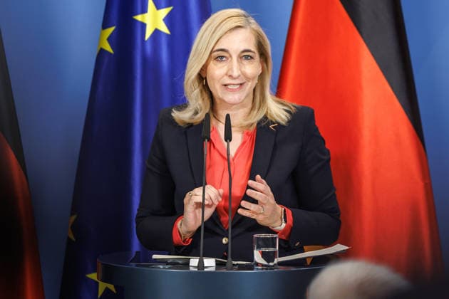 Press conference with Federal Minister Nina Warken and Federal Minister Alexander Dobrindt on the reform of intelligence service law at the Federal Chancellery in Berlin on August 12, 2026. Federal Minister Nina Warken addresses those in attendance. Berlin, Berlin, Germany, Federal Chancellery