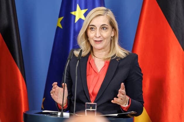 Press conference with Federal Minister Nina Warken and Federal Minister Alexander Dobrindt on the reform of intelligence service law at the Federal Chancellery in Berlin on August 12, 2026. Federal Minister Nina Warken addresses those in attendance. Berlin, Berlin, Germany, Federal Chancellery
