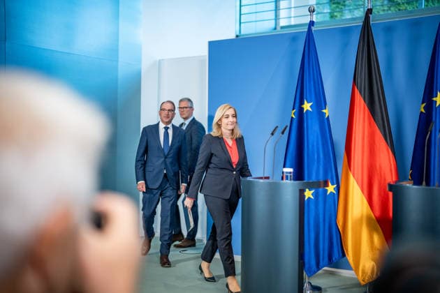 Alexander Dobrindt, Federal Minister of the Interior, and Nina Warken, Federal Minister for Special Tasks, Head of the Federal Chancellery, and Federal Government Commissioner for the Federal Intelligence Services, during a press conference on the reform of intelligence service legislation at the Federal Chancellery, Berlin, Germany, Federal Chancellery