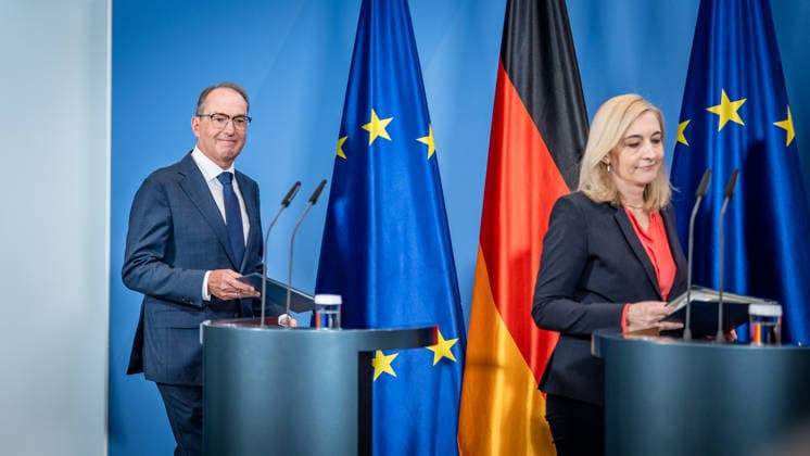 Alexander Dobrindt, Federal Minister of the Interior, and Nina Warken, Federal Minister for Special Tasks, Head of the Federal Chancellery, and Federal Government Commissioner for the Federal Intelligence Services, during a press conference on the reform of intelligence service legislation at the Federal Chancellery, Berlin, Germany, Federal Chancellery