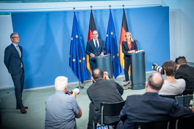 Alexander Dobrindt, Federal Minister of the Interior, and Nina Warken, Federal Minister for Special Tasks, Head of the Federal Chancellery, and Federal Government Commissioner for the Federal Intelligence Services, during a press conference on the reform of intelligence service legislation at the Federal Chancellery, Berlin, Germany, Federal Chancellery