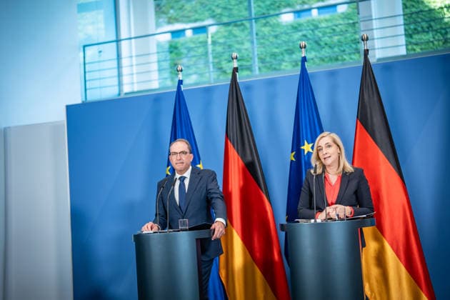 Alexander Dobrindt, Federal Minister of the Interior, and Nina Warken, Federal Minister for Special Tasks, Head of the Federal Chancellery, and Federal Government Commissioner for the Federal Intelligence Services, during a press conference on the reform of intelligence service legislation at the Federal Chancellery, Berlin, Germany, Federal Chancellery