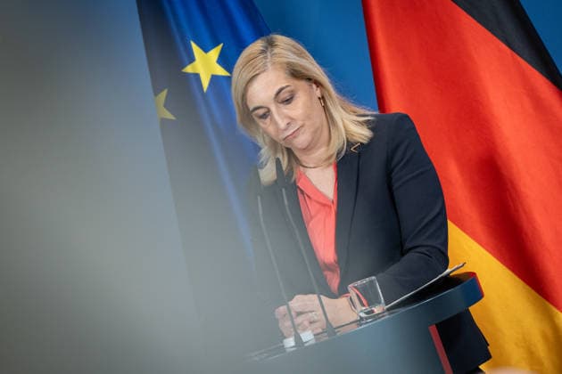 Nina Warken, Federal Minister for Special Tasks, Head of the Federal Chancellery, and Federal Government Commissioner for the Federal Intelligence Services, during a press conference at the Federal Chancellery on the reform of intelligence service legislation, Berlin, Germany, Federal Chancellery