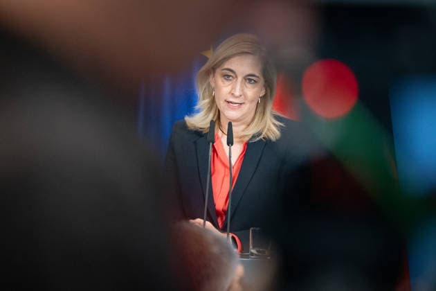 Nina Warken, Federal Minister for Special Tasks, Head of the Federal Chancellery, and Federal Government Commissioner for the Federal Intelligence Services, during a press conference at the Federal Chancellery on the reform of intelligence service legislation, Berlin, Germany, Federal Chancellery