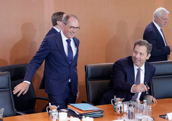 Alexander Dobrindt (CSU), Federal Minister of the Interior; Lars Klingbeil (SPD), Federal Minister of Finance, Vice Chancellor, and SPD Federal Chairman; Germany, Berlin, Federal Chancellery; At its 55th meeting on August 12, 2026, the Federal Cabinet will address, among other things, the draft bill to introduce an early retirement pension
