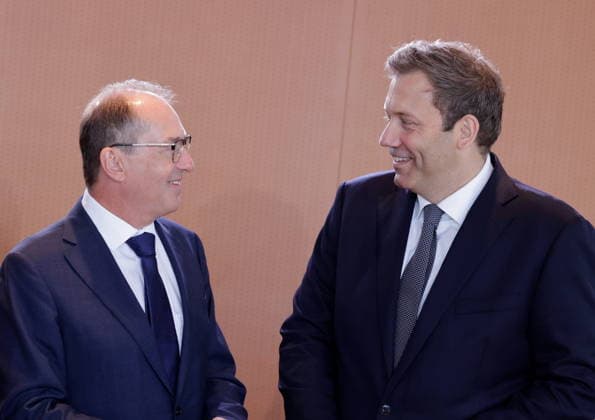 Alexander Dobrindt (CSU), Federal Minister of the Interior; Lars Klingbeil (SPD), Federal Minister of Finance, Vice Chancellor, and SPD Federal Chairman; Germany, Berlin, Federal Chancellery; At its 55th meeting on August 12, 2026, the Federal Cabinet will address, among other things, the draft bill to introduce an early retirement pension