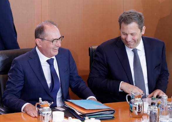 Alexander Dobrindt (CSU), Federal Minister of the Interior; Lars Klingbeil (SPD), Federal Minister of Finance, Vice Chancellor, and SPD Federal Chairman; Germany, Berlin, Federal Chancellery; At its 55th meeting on August 12, 2026, the Federal Cabinet will address, among other things, the draft bill to introduce an early retirement pension