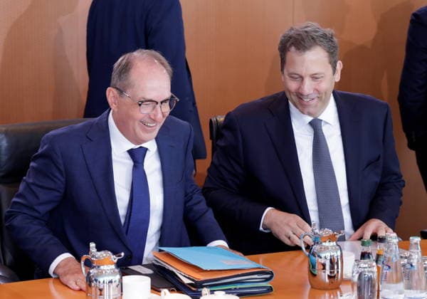 Alexander Dobrindt (CSU), Federal Minister of the Interior; Lars Klingbeil (SPD), Federal Minister of Finance, Vice Chancellor, and SPD Federal Chairman; Germany, Berlin, Federal Chancellery; At its 55th meeting on August 12, 2026, the Federal Cabinet will address, among other things, the draft bill to introduce an early retirement pension