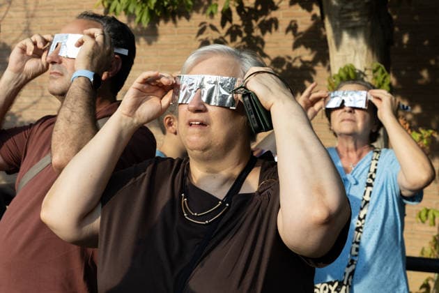 Solar eclipse in Italy CASERTA, ITALY - AUGUST 12: People watch the solar eclipse inside the Caserta planetarium, in Caserta, Southern Italy, on August 12, 2026. A solar eclipse is an optical-astronomical phenomenon, usually associated with the sun-earth-moon system, characterized by the obscuration of all or part of the solar disk by the moon, as seen from Earth. Iso Ekle Anadolu Caserta Italy. Editorial use only. Please get in touch for any other usage.  Copyright: x2026xAnadoluxIsoxEklex