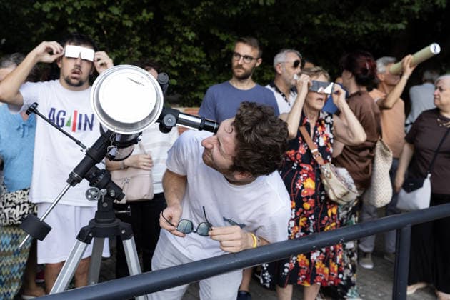 Solar eclipse in Italy CASERTA, ITALY - AUGUST 12: People watch the solar eclipse inside the Caserta planetarium, in Caserta, Southern Italy, on August 12, 2026. A solar eclipse is an optical-astronomical phenomenon, usually associated with the sun-earth-moon system, characterized by the obscuration of all or part of the solar disk by the moon, as seen from Earth. Iso Ekle Anadolu Caserta Italy. Editorial use only. Please get in touch for any other usage.  Copyright: x2026xAnadoluxIsoxEklex